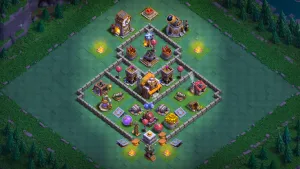 Builder Hall 5 anti-2-star base layout with a centered Builder Hall, 2-tile gaps, and a Crusher guarding the bottom compartment