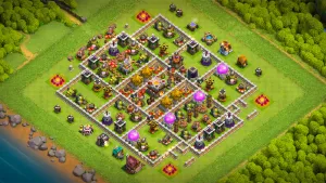 TH11 farming base layout in Clash of Clans with all storages inside the walls, Valkyries and core defenses to stop Sneaky Goblins.
