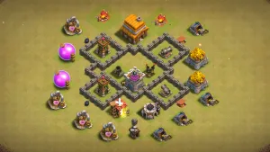 TH4 CWL base layout in Clash of Clans with key defenses in the core, Mortar and Air Defense to stop GiBarch and Balloon attacks.