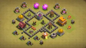 TH4 CWL base layout in Clash of Clans with asymmetric design, core Air Defense and Mortar to stop Giant Balloon and GiBarch.