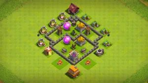 TH4 farming base layout in Clash of Clans with core storages, Mortar and Air Defense triangle to stop GiBarch and Balloon attacks.