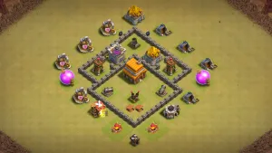 TH4 war base layout in Clash of Clans with Town Hall at the core, Spring Traps and Mortar to stop Giant Balloon and GiBarch.