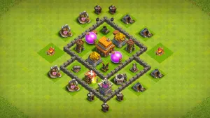 TH4 anti-2-star farming base layout in Clash of Clans with storages walled in beside the Town Hall and a core Air Defense to stop Balloons.