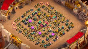 TH14 Anti-2 CWL base layout in Clash of Clans with spread out key defenses, Inferno Towers and Hot Candle to stop ground and air attacks.