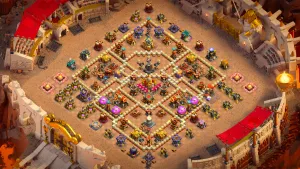 TH16 Anti-2 CWL base layout in Clash of Clans with the Monolith isolated behind the Eagle Artillery, Hot Candle to stop Super Yeti blimps.