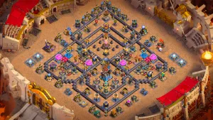 TH18 Anti-3 CWL base layout in Clash of Clans with Town Hall under an Invisibility Spell Tower, Cake-A-Pult and Logger to stop Thrower attacks.