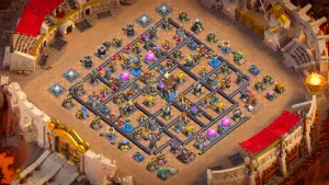 TH18 Anti-2 CWL base layout in Clash of Clans with The Logger in the core, Hot Candle and Monolith to stop Thrower and air spam attacks.
