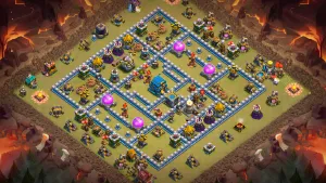 TH12 Anti-2 War base layout in Clash of Clans with a deep Town Hall core, spread key defenses and backend traps to stop Zap Dragon attacks.