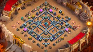 TH13 Anti-2 war base layout in Clash of Clans with a Tesla farm, Giant Bombs and isolated Infernos to stop RC Charge Dragon attacks.