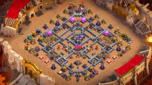 TH15 Anti-2 war base layout in Clash of Clans with dead zones around the central threat, Hero Hunter to stop RC Charge Dragon attacks.
