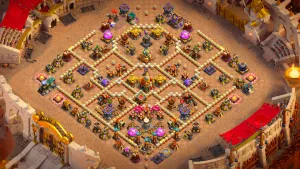 TH16 Anti-2 war base layout in Clash of Clans with a Double Rage Spell Tower, Hot Candle and Monolith to stop RC Charge Dragon attacks.