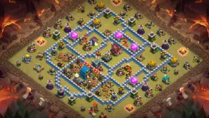 TH12 Anti-3 CWL base layout in Clash of Clans with an edge Town Hall bait, core Eagle Artillery and heavy traps to stop Hybrid attacks.