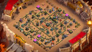 TH17 Anti-3 CWL base layout in Clash of Clans with the Cake-A-Pult, anti-Thrower dead-zones to stop Thrower Smash attacks.