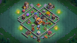 BH5 Anti-2 balanced base layout in Clash of Clans with a moat on both sides, Multi Mortar and Air Bomb core to stop Mass Baby Dragon attacks.