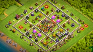 TH11 Anti-2 Ranked base layout in Clash of Clans with an indirect dead-zone, Cake-A-Pult core DPS to stop Zap Dragon attacks.