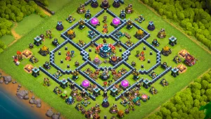 TH13 Anti-2 Ranked base layout in Clash of Clans with a trapped bottom entry, air X-Bows and Tornado Trap to stop RC Charge Dragon attacks.