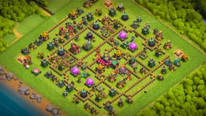 TH14 Anti-2 Ranked base layout in Clash of Clans with the Town Hall in the core, Cake-A-Pult and traps to stop RC Charge Dragon attacks.