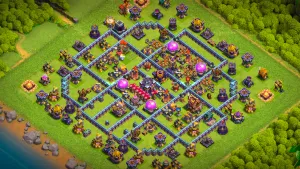TH15 Anti-2 Ranked base layout in Clash of Clans with the Cake-A-Pult behind the Town Hall, Eagle in a dead zone to stop RC Charge Dragon.