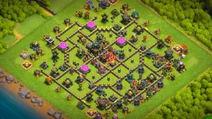 TH17 Anti-2 Ranked base layout in Clash of Clans with central Multi Inferno and Rage Spell Tower, Monolith bait to stop RC Charge Hydra attacks.