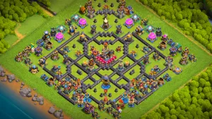th18 anti-2 hot candle type base with copy link to clash of clans - walled core makes thrower smash awkward and hero pathing tricky