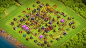 TH10 Anti-3 Ranked base layout in Clash of Clans with four Air Defenses at the Town Hall, Heroes and X-Bows to stop Zap Dragon attacks.