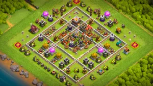 TH11 Anti-3 Ranked base layout in Clash of Clans with a Hero Hunter core, dead-zone and Eagle Artillery to stop Dragon attacks.