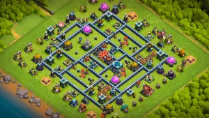 TH13 Anti-3 Ranked base layout in Clash of Clans with ground bait at 3 and 6 o'clock, Giant Bombs to stop RC Charge Dragon attacks.
