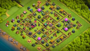 TH14 Anti-3 Ranked base layout in Clash of Clans with the Cake-A-Pult in the core, Single-Target Infernos to stop Super Dragon attacks.
