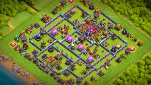 TH15 Anti-3 Ranked base layout in Clash of Clans with an edge Town Hall, Hot Candle and Multi-Target Infernos to stop Super Bowler Smash attacks.