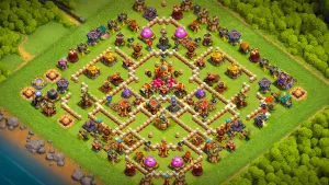 TH16 Anti-3 Ranked base layout in Clash of Clans with a Hero Hunter core, Double Rage Spell Tower to stop RC Walk Dragon attacks.