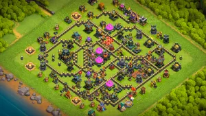 TH17 Anti-3 Ranked base layout in Clash of Clans with Teslas and Skeleton Traps, right-side bomb bait to stop RC Charge Hydra attacks.