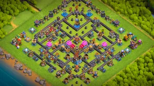 th18 anti-3 hero hunter type base with copy link to clash of clans - baited monolith entries and an isolated revenge tower punish throwers