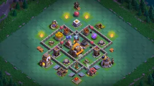 BH5 Anti-2 anti-ground base layout in Clash of Clans with a Multi Mortar core, baited Crusher to stop Mass Barbarian and Mass Archer attacks.