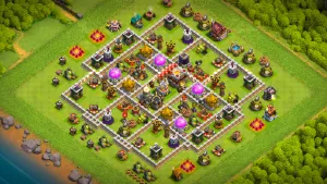 TH11 Anti-2 farming base layout in Clash of Clans with spread out storages, Hot Candle and Multi Infernos to stop Sneaky Goblin attacks.