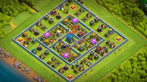 TH12 Anti-2 farming base layout in Clash of Clans with all loot inside the walls, Giant Bombs and Spring Traps to stop Sneaky Goblin attacks.