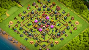 TH14 Anti-2 farming base layout in Clash of Clans with Hot Candles around the storages, Multi-Target Infernos to stop Sneaky Goblin attacks.