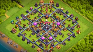 TH15 Anti-2 farming base layout in Clash of Clans with the Invisibility Spell Tower on the storages, Spring Traps to stop Sneaky Goblin attacks.
