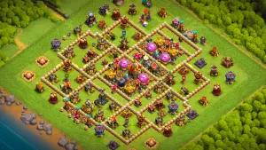 TH16 Anti-2 farming base layout in Clash of Clans with storages in the Invisibility Spell Tower range, Hot Candle to stop Sneaky Goblin attacks.