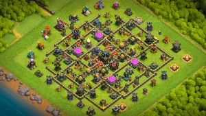 TH17 Anti-2 farming base layout in Clash of Clans with storages inside the walls, Hot Candle to stop Sneaky Goblin and Dragon Spam attacks.