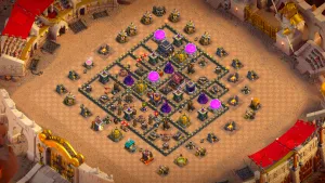 TH9 Anti-3 CWL base layout in Clash of Clans with the King and Queen in a Tesla Farm, Black Air Mines to stop LaLoon attacks.