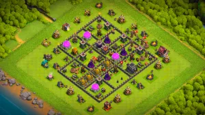 TH9 Anti-3 Ranked base layout in Clash of Clans with a core Clan Castle, Tesla farm and air X-Bows to stop Queen Charge attacks.