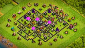 TH9 Anti-2 farming base layout in Clash of Clans with all storages in the core, Tesla farm and air X-Bows to stop Queen Charge attacks.