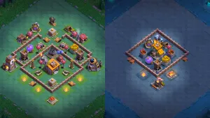 BH6 balanced base with the Builder Hall behind Air Bombs, Roaster, and Multi Mortar, featuring closed walls and a bottom Archer Tower in Stage 2.