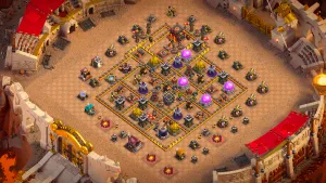 TH10 Anti-3 CWL base layout in Clash of Clans with T-shaped Air Defenses and mixed Infernos to stop air spam and Queen Charge.