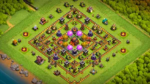 TH10 Anti-2 farming base layout in Clash of Clans with centered storages and double Single Infernos to melt strong tank troops.