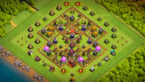 TH10 Anti-3 farming base layout in Clash of Clans with centered Dark Elixir and dual Single Infernos to stop tank troops and raids.