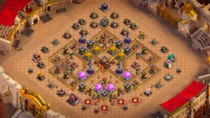 TH10 Anti-2 war base layout in Clash of Clans with mixed Infernos and X-Bow islands to stop Queen Charge and air spam attacks.