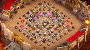 TH11 Anti-2 War Base with Copy Link for Cake-A-Pult core coverage that chips troop groups and stops Dragon, Electro Dragon and Hybrid attacks