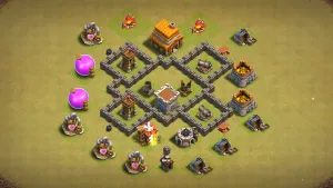 TH4 Anti-3 CWL base layout in Clash of Clans with key defenses in the core, Mortar and Air Defense to stop Giant and Mass Balloon attacks.