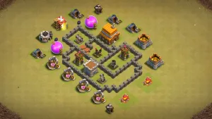 TH4 Anti-3 CWL base layout in Clash of Clans with an asymmetric design, walled Mortar and core Air Defense to stop Giant Balloon attacks.
